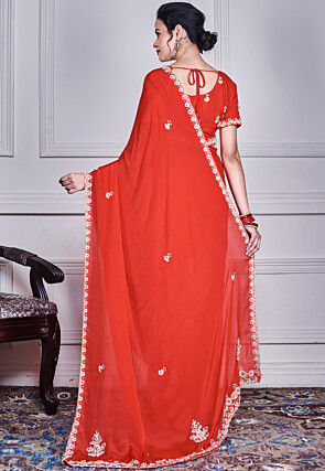 Hand Embroidered Pure Chiffon Saree in Red