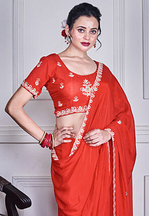 Hand Embroidered Pure Chiffon Saree in Red