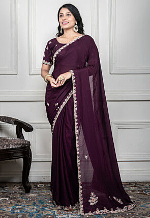 Hand Embroidered Pure Chiffon Saree in Wine