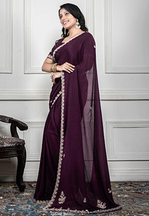 Hand Embroidered Pure Chiffon Saree in Wine