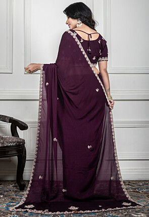 Hand Embroidered Pure Chiffon Saree in Wine