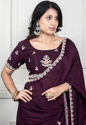 Hand Embroidered Pure Chiffon Saree in Wine