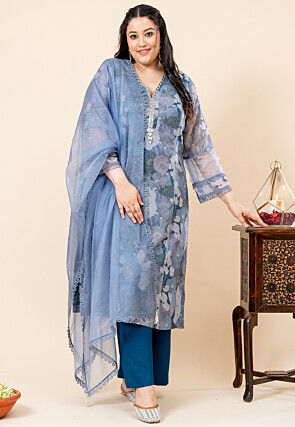 Hand Embroidered Pure Chiffon Shimmer Pakistani Suit in Blue