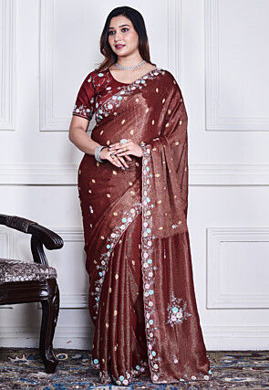 Hand Embroidered Pure Chiffon Shimmer Saree in Dark Brown