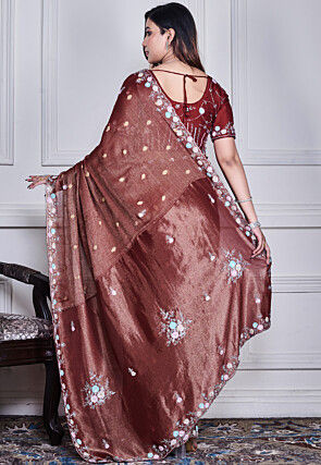 Hand Embroidered Pure Chiffon Shimmer Saree in Dark Brown