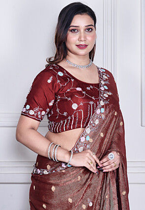 Hand Embroidered Pure Chiffon Shimmer Saree in Dark Brown