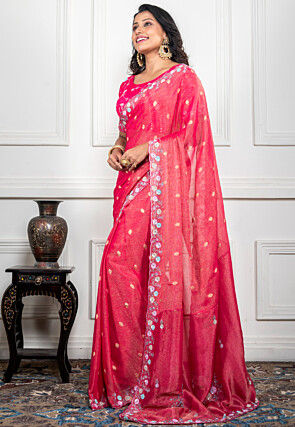 Hand Embroidered Pure Chiffon Shimmer Saree in Fuchsia