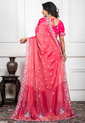 Hand Embroidered Pure Chiffon Shimmer Saree in Fuchsia