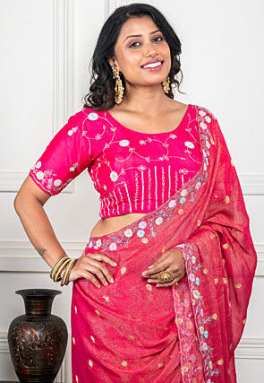 Hand Embroidered Pure Chiffon Shimmer Saree in Fuchsia