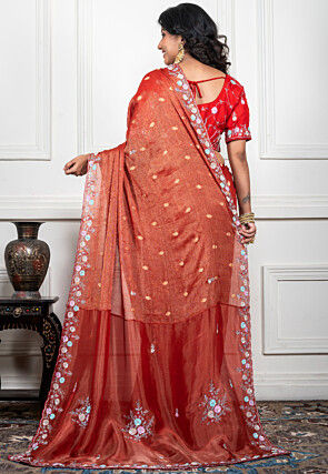 Hand Embroidered Pure Chiffon Shimmer Saree in Rust