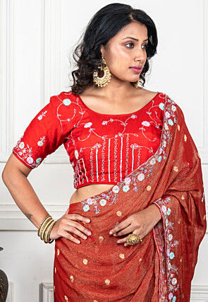 Hand Embroidered Pure Chiffon Shimmer Saree in Rust