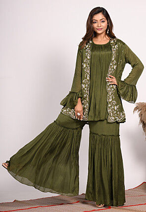 Hand Embroidered Pure Chiffon Tunic Set in Olive Green
