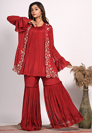 Hand Embroidered Pure Chiffon Tunic Set in Red