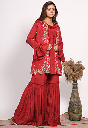 Hand Embroidered Pure Chiffon Tunic Set in Red