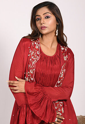Hand Embroidered Pure Chiffon Tunic Set in Red