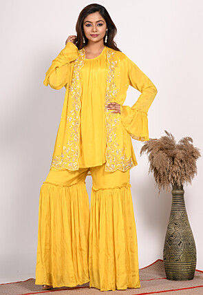 Hand Embroidered Pure Chiffon Tunic Set in Yellow