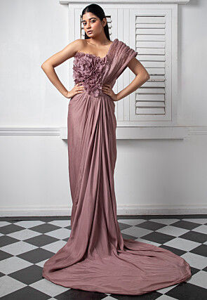 Hand Embroidered Pure Chinon Chiffon Drape Gown in Old Rose
