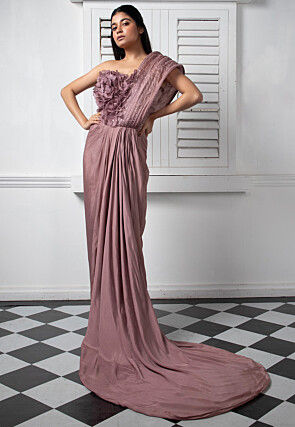 Hand Embroidered Pure Chinon Chiffon Drape Gown in Old Rose