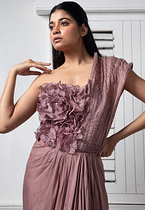 Hand Embroidered Pure Chinon Chiffon Drape Gown in Old Rose