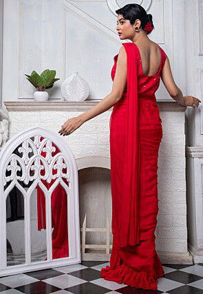 Hand Embroidered Pure Chinon Chiffon Drape Gown in Red