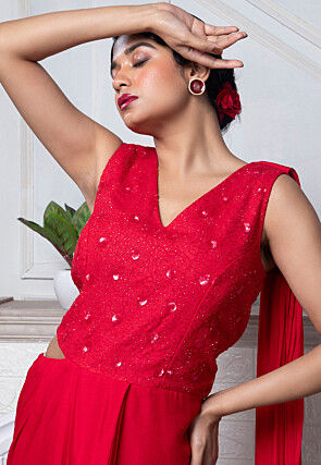 Hand Embroidered Pure Chinon Chiffon Drape Gown in Red