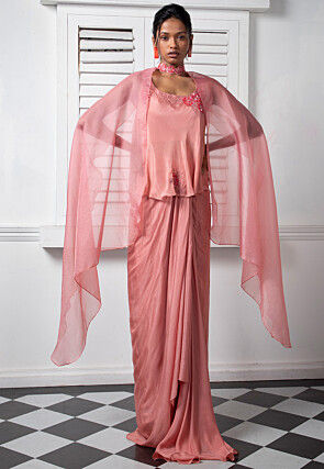 Hand Embroidered Pure Chinon Chiffon Top Set in Pink
