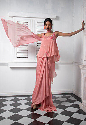 Hand Embroidered Pure Chinon Chiffon Top Set in Pink