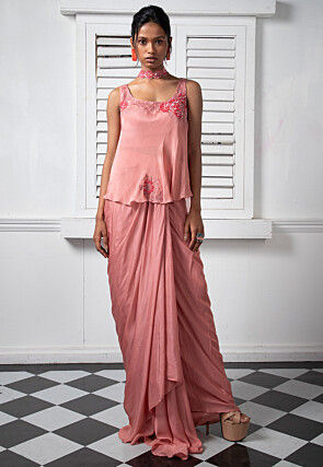 Hand Embroidered Pure Chinon Chiffon Top Set in Pink