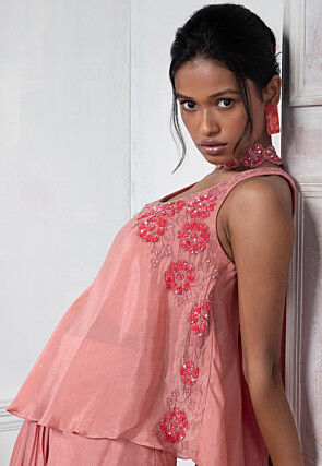 Hand Embroidered Pure Chinon Chiffon Top Set in Pink