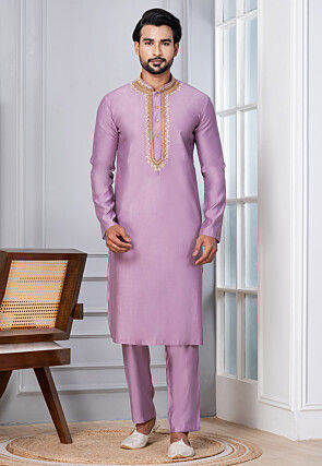 Hand Embroidered Pure Cotton Kurta Set in Light Purple