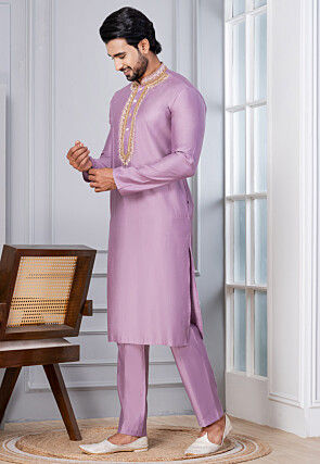Hand Embroidered Pure Cotton Kurta Set in Light Purple