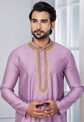 Hand Embroidered Pure Cotton Kurta Set in Light Purple