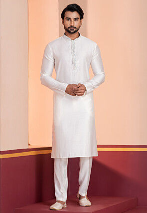 Hand Embroidered Pure Cotton Kurta Set in White
