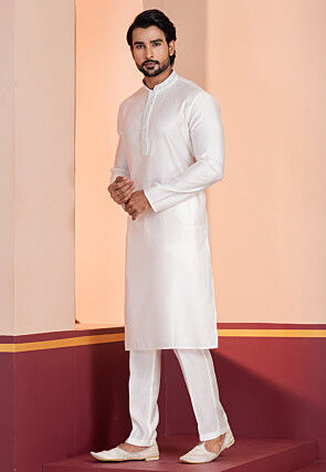 Hand Embroidered Pure Cotton Kurta Set in White