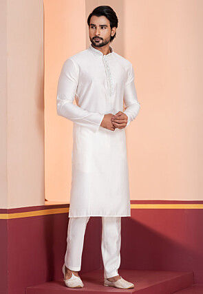 Hand Embroidered Pure Cotton Kurta Set in White