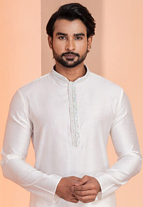 Hand Embroidered Pure Cotton Kurta Set in White