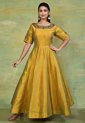 Hand Embroidered Pure Cotton Silk Gown in Mustard