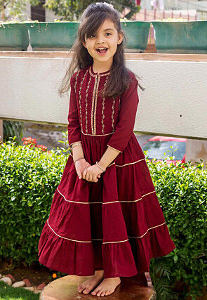 Hand Embroidered Pure Cotton Tiered Kurta in Maroon