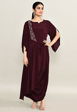 Hand Embroidered Pure Crepe Cowl Dress in Wine