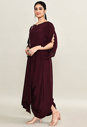 Hand Embroidered Pure Crepe Cowl Dress in Wine