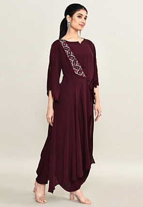 Hand Embroidered Pure Crepe Cowl Dress in Wine