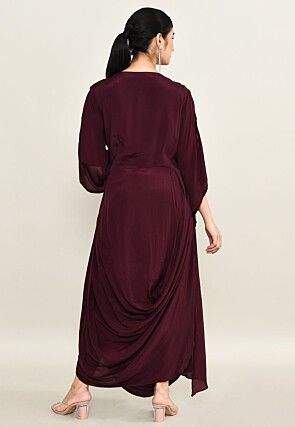 Hand Embroidered Pure Crepe Cowl Dress in Wine