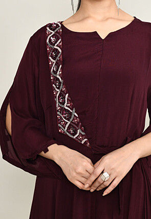 Hand Embroidered Pure Crepe Cowl Dress in Wine