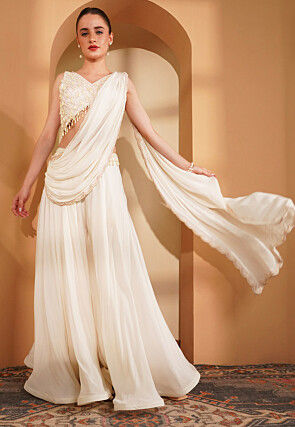 Hand Embroidered Pure Crepe Crop Top Set in Cream