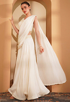 Hand Embroidered Pure Crepe Crop Top Set in Cream