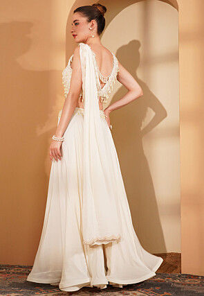 Hand Embroidered Pure Crepe Crop Top Set in Cream