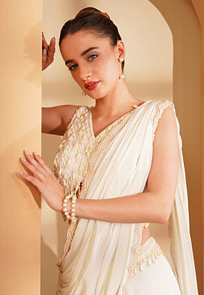 Hand Embroidered Pure Crepe Crop Top Set in Cream