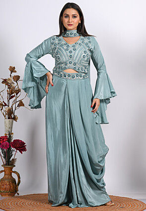 Hand Embroidered Pure Crepe Crop Top Set in Dusty Blue