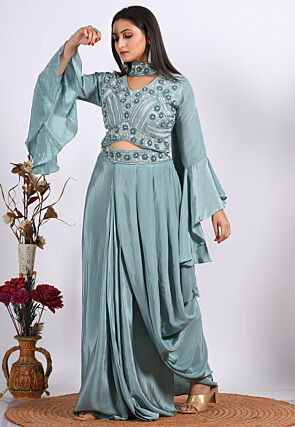 Hand Embroidered Pure Crepe Crop Top Set in Dusty Blue