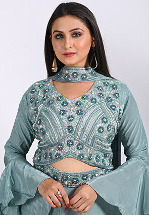 Hand Embroidered Pure Crepe Crop Top Set in Dusty Blue